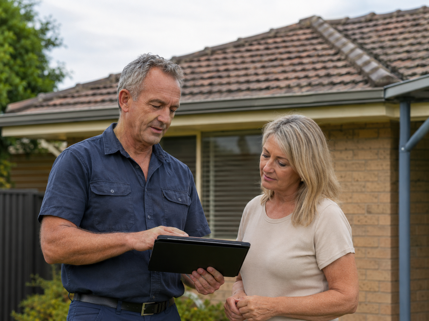 Roofing consultant reviewing a roof assessment before finance options