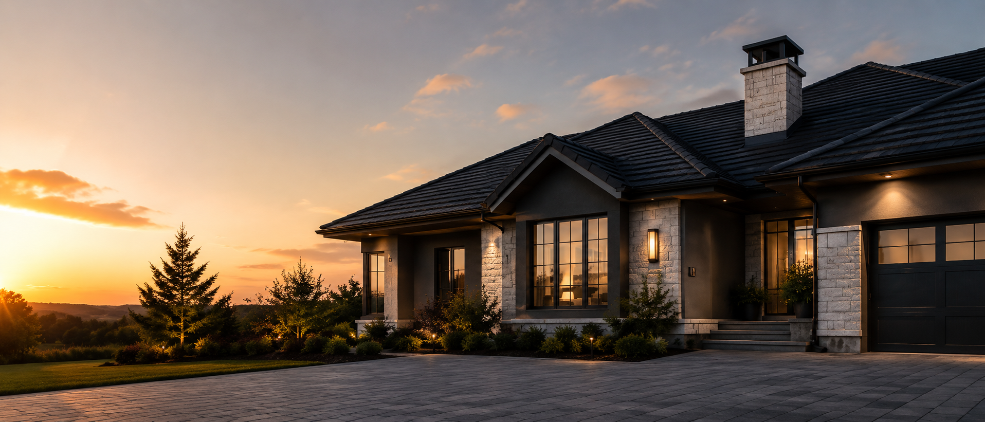 Premium residential home at dusk with restored roof and warm interior lights